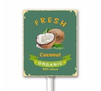 Farm Fresh Coconut 100% Nature Organic Fruit Targa in metallo per esterni Retro Fruit Yard Sign con paletto Casale Paese Mercato Giardino Decor 17 x 22 cm