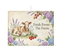 Farm Fresh - Tappetino scolapiatti per bancone della cucina, motivo floreale di mucca, tappetino scolapiatti assorbente primaverile in microfibra rustica, per bar, protezione 45,7 x 61 cm