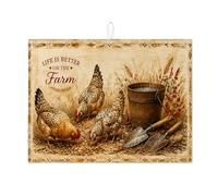 Farm Life - Tappetino scolapiatti per bancone della cucina, tappetino assorbente rustico marrone a forma di gallina, tappetino scolapiatti in microfibra vintage, decorazione per bancone della cucina