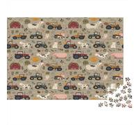 Farm Tractors-Cartoon Rural Scene 1000Pc for The Whole Family Tractors on Patterned Background for Women Gifts for Men & Adults 70x50cm/1000pcs