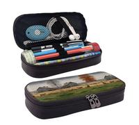 Farm with Deer Premium Leather Flip Pencil Case - Elegante astuccio in pelle marrone con chiusura a cerniera, multiuso per scuola, ufficio, viaggi e cosmetici, Nero , Taglia unica, Organizer per borse