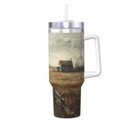 Farm with Deer Print - Fiaschetta per bevande calde e fredde, 1,18 l, con manico e cannuccia, perfetta per viaggi, sport, ufficio