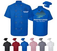 Farmelov Giacca da Chef Personalizzata Uomo/Donna con Cappello, Logo e Nome - Divisa da Chef Personalizzata, Maniche Corte, Camicia da Lavoro per Pasticceri con Tasca-Blu
