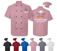Farmelov Giacca da Chef Personalizzata Uomo/Donna con Cappello, Logo e Nome - Divisa da Chef Personalizzata, Maniche Corte, Camicia da Lavoro per Pasticceri con Tasca-Rosa
