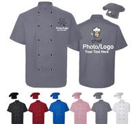 Farmelov Giacca da Chef Personalizzata Uomo/Donna con Cappello, Logo e Nome - Divisa da Chef Personalizzata, Maniche Corte, Camicia da Lavoro per Pasticceri con Tasca-Grigio