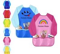 Farmelov Grembiule da pittura personalizzato per bambini con nome, grembiule impermeabile per artisti per bambini piccoli con 3 tasche e maniche lunghe Colore 2