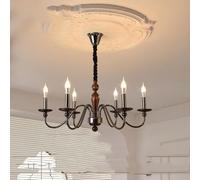 Farmhouse Candle Living Walnut Wood Ceiling Pendant Light Fixtures Mid Century Hanging Lamp Black Foyer Chandelier for Bedroom Kitchen Island Dining Room