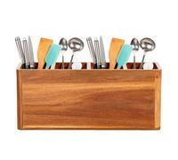 Farmhouse Kitchen Utensil Holder - Organise Your Countertop In Style With Drying Holes | 3-Compartment Acacia Wood Cutlery Rack For Spoons, Spatulas, Cooking Tools | Wooden Storage Jar, Anti-Slip Bas