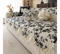 Farmhouse Sofa Cover, Vintage Floral Couch Covers，Non-Slip Sofa Slipcovers | Chenille Sofa Covers For 1 2 3 4 Seater, Leather Sofa Protector For Living Room, Pet Furniture Protect(Black,110x300cm)