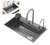 Farmhouse Workstation Sink - Drop-in/Undermount Waterfall Kitchen Sink with Accessories: Sink Grid Strainer Basket Cup Washer & Drain Assembly for Modern Kitchens