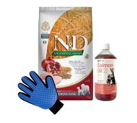 Farmina N&D Ancestral Grain canine POLLO E MELOGRANO ADULT MEDIUM&MAXI 12kg & LAB V Olio di salmone per cani e gatti 1000ml + Guanto per pettinare il pelo di cane e gatto GRATIS!
