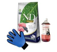 FARMINA N&D Prime canine AGNELLO E MIRTILLO ADULT MEDIUM&MAXI ALIMENTO SECCO 12kg & LAB V Olio di salmone per cani e gatti 1000ml + Guanto per pettinare il pelo di cane e gatto GRATIS!