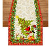 FARMNALL Runner da tavola in lino verde con scritta Merry Grinchmas, per Natale, inverno, vacanze, casa, cucina, decorazione da tavolo, 33 x 183 cm