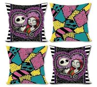 FARMNALL Set di 4 federe per cuscino in lino per Halloween, 45 x 45 cm, motivo: Nightmare Before Christmas, Jack Skellington Jack e Sally, decorazioni per Halloween, letto, divano, auto, sedia