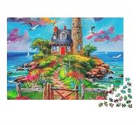 Faro 1000 Pezzi Puzzle per Uomini Donne Adulti Isola del Faro con Cottage e Fiori Premium Spesso Resistente Vivace Sfidante Antistress 70x50cm/1000pz