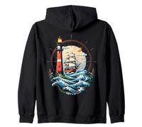 Faro e veliero in Elegante Illustrazione Nautica Felpa con Cappuccio