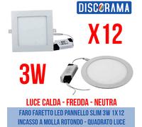 FARO FARETTO LED PANNELLO SLIM 3W 1X12 INCASSO A MOLLA ROTONDO - QUADRATO LUCE