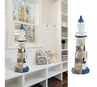 Faro in legno | H 33 cm | blu bianco | con pesci e rete | decorazione in design marittimo