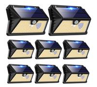 Faro LED Esterno con Pannello Solare, 【8 Pezzi】Luce Solare LED Esterno con Sensore di Movimento, 185 LED/3 Modos Lampada Solare da Esterno, IP65 Impermeabile LED Lampione per Giardino (Bianco caldo)