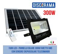 FARO LED + PANNELLO SOLARE 300W FARETTO SMD CON SENSORE CREPUSCOLARE TELECOMANDO