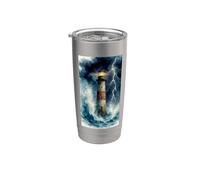 Faro nella tempesta con fulmine paesaggio marino drammatico Bicchiere termico in acciaio inox doppia parete