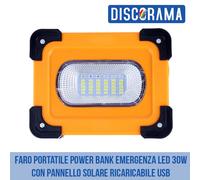 FARO PORTATILE POWER BANK EMERGENZA LED 30W CON PANNELLO SOLARE RICARICABILE USB