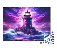 Faro su mare in tempesta Puzzle 1000 Pezzi Carta per Adulti Onde e lampi notturni Gioco di Puzzle 1000 Pezzi Relax Concentrazione Decorazione Casa Regalo 52x38cm/1000pcs