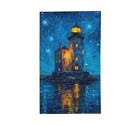 Faro su una piccola isola cortile casa bandiere, 0,9 x 1,5 m banner di auguri stagione con occhielli interni ed esterni feste decorazioni per la casa