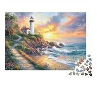 Faro sulla costa rocciosa Mare, cielo al tramonto Puzzle Sostenibili Con Motivi Per Adulti Da Gioco in Legno Di Alta Qualità 70x50cm/1000pcs