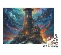 Faro sulla scogliera Puzzle 1000 pezzi difficile per adulti Arte del faro nella tempesta notturna cosmica Premium robusto alta qualità vibrante antistress gioco 52x38cm/1000pz