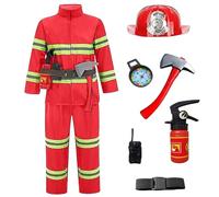 Faroby Costume da Pompiere per Bambini, Costume da Pompiere da 8 Pezzi per Bambini con Casco di Sicurezza, Cappello ed estintore per Ragazzi e Ragazze