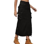 FaroLy Gonna Donna Y2K Denim Cargo Gonna Lunga di Linea con Coulisse Regolabile e Tasca con Patta, con Tasca (Color : Black, Size : S)