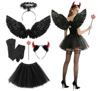FARYODI Costume da angelo nero da donna, 6 pezzi, angelo diavolo, costume da carnevale con gonna tuta, fascia per capelli, bacchetta magica e calze per carnevale, cosplay, travestimento di carnevale