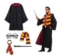 FARYODI Costume da mago, 5 pezzi, mantello da mago per adulti | Costume completo da mago da 5 pezzi con mantello rosso, bacchetta magica, occhiali, sciarpa e cravatta, per Halloween