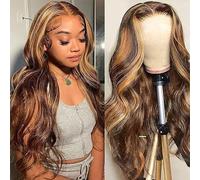 FASCARA Parrucca da donna con pizzo frontale HD trasparente da 33 x 10 cm, capelli umani pre-pinzettati biondo miele 4/27, ombré e colpi di sole, senza colla, densità 180%, 61 cm