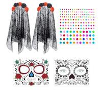 Fasce In Rete Da 2 Pezzi, Dotate Di 2 Set Di Adesivi Per Il Viso E 1 Pezzo Di Adesivi Con Diamanti Colorati, Fasce Retrò, Accessori Per Abbigliamento Da Festa