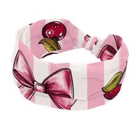 Fasce larghe con fiocco rosso ciliegia e stelle su sfondo rosa a righe larghe per donne, fasce elastiche per capelli per yoga e allenamento, per lavare il viso e il trucco