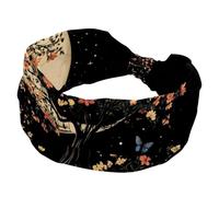 Fasce larghe da donna con albero retrò sotto una luna crescente con fiori e farfalle, fascia elastica per la testa sportiva, accessori per capelli per yoga, corsa, vita quotidiana