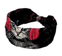 Fasce larghe da donna, con gattini e gatti, ascoltando musica, sfondo nero, elastiche, sportive, accessori per capelli, per yoga, corsa, vita quotidiana