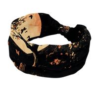 Fasce larghe da donna, stile vintage, con albero sotto una luna crescente con fiori e farfalle, elastiche, sportive, accessori per capelli, per yoga, corsa, vita quotidiana