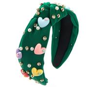 Fasce per capelli con nodi per donna a tesa larga con cuore in resina e perla diamantata per ragazza trucco shopping, Verde, Taglia unica