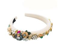 Fasce per capelli in spugna con fiori in tessuto accessori per capelli per donne feste strass fascia per capelli cerchio copricapo B beige