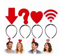 Fasce per capelli per foto, confezione da 4, icone grafiche rosse su cerchi | Include freccia verso il basso, punto interrogativo, cuore e segnali wireless, per foto di feste, festival e carnevali