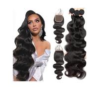 Fasci di capelli Fasci di capelli umani ondulati con chiusura, 3 4 pacchi Fasci di capelli ricci ondulati con chiusura in pizzo Parte libera Tessuto brasiliano di capelli umani Colore naturale Extensi