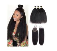 Fasci di capelli Fasci lisci crespi con chiusura capelli umani 3 4 pacchi estensioni dei brasiliani Remy Yaki neri naturali pre pizzicati del bambino(6" x 6",34 36 36with22)