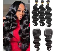 Fasci di capelli profondi 10A capelli umani con chiusura colore naturale Fasci di capelli umani 100% con chiusura colore naturale (3 bundles+closure, 22 24 26+20 closure)
