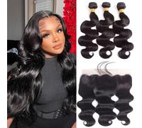 Fasci di capelli profondi 10A capelli umani con chiusura colore naturale Fasci di capelli umani 100% con chiusura colore naturale (3 bundles+frontal, 22 24 26+20 frontal)