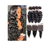 Fasci di capelli umani, 8-30 pollici Pacchetti di capelli ondulati sciolti con chiusura Tessitura umani brasiliani Ondulati neri Capelli Remy ricci(24inch)