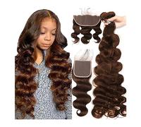 Fasci di capelli umani Capelli Brasiliani Onda Del Corpo 3 Fasci Con Chiusura Onda Del Corpo Fasci Di Tessuto Brasiliano Dei Capelli Umani Con Chiusura In Pizzo HD Marrone # 4 Estensione Tessitura Col