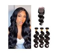 Fasci di capelli umani con chiusura 4x4, doppia trama, fasci di onde del corpo lunghe da 10-32 pollici con chiusura in pizzo svizzero, capelli brasiliani Remy(24 24 24 with 20)